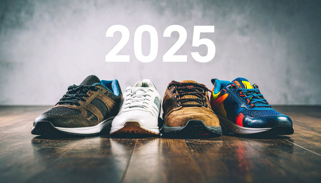 A dynamic shot of four different pairs of on-trend sneakers for 2025, including a pair of retro runners, sleek low-profile sneakers, rugged trail sneakers, and a brightly colored pair.
