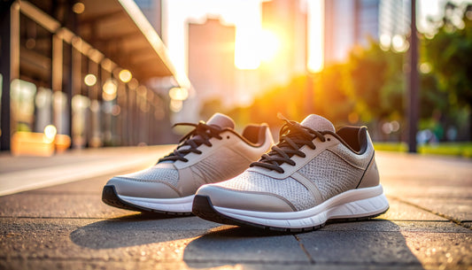 A pair of modern athleisure sneakers in a gym-to-street setting with active lighting