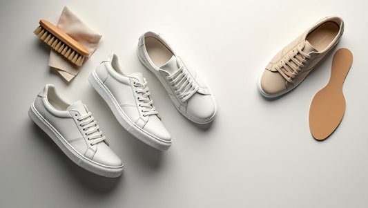 Flat lay of minimalist luxury sneakers with shoe care tools, including a suede brush, cloth, and insoles — perfect setup for sneaker care tips.