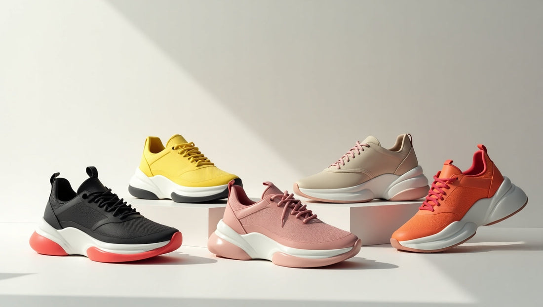 Trendy 2025 shoes including bold-colored chunky sneakers, minimalist formal shoes, and sustainable eco-friendly footwear displayed on a modern, stylish background.