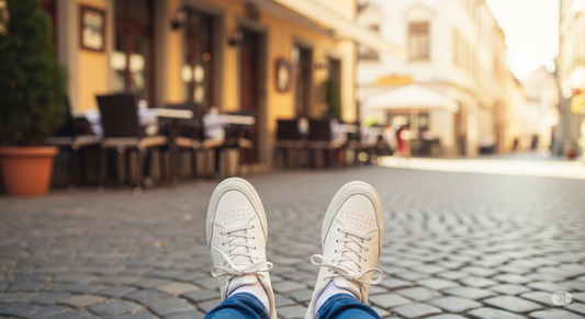 A person's feet in comfortable and stylish sneakers, standing on a cobblestone street in a picturesque European city, with a map in hand.