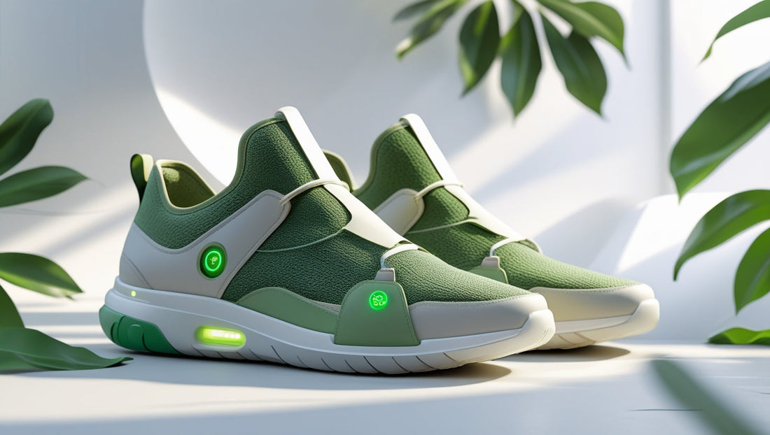 Photorealistic eco-friendly sneakers for 2025 made from recycled rubber and plant-based materials, featuring smart sensors and a glowing fitness tracker, in a futuristic white-gray setting with natural elements.