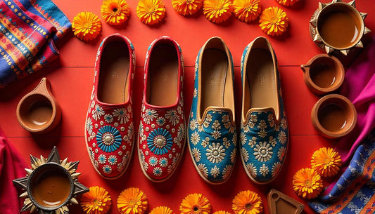 A vibrant flat-lay of festive footwear, with a pair of colourful Gujarati-style embroidered Juttis and men's leather Mojaris, arranged around Navratri dandiya sticks and decorative diyas.