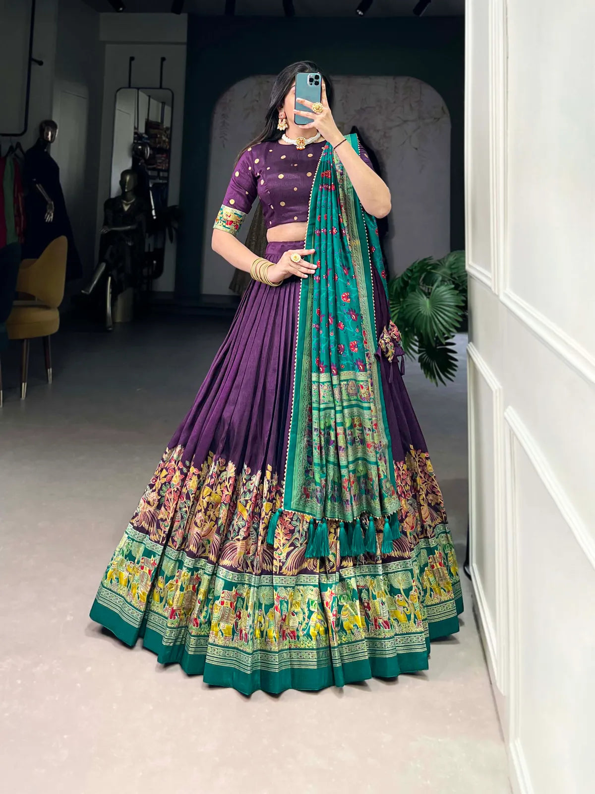 Purple Tussar Silk Patola Print Trendy Lehenga Choli
