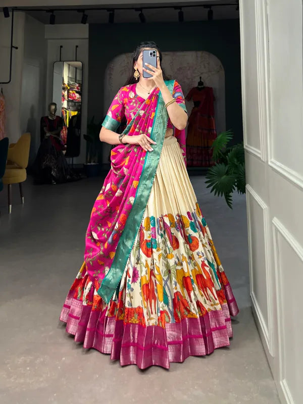 White Color Dola Silk Designer Kalamkari Print Lehenga Choli