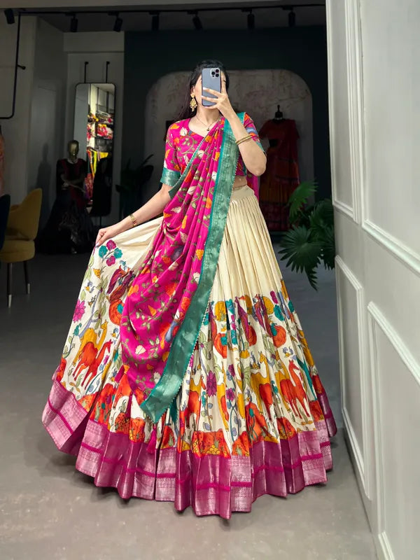 White Color Dola Silk Designer Kalamkari Print Lehenga Choli