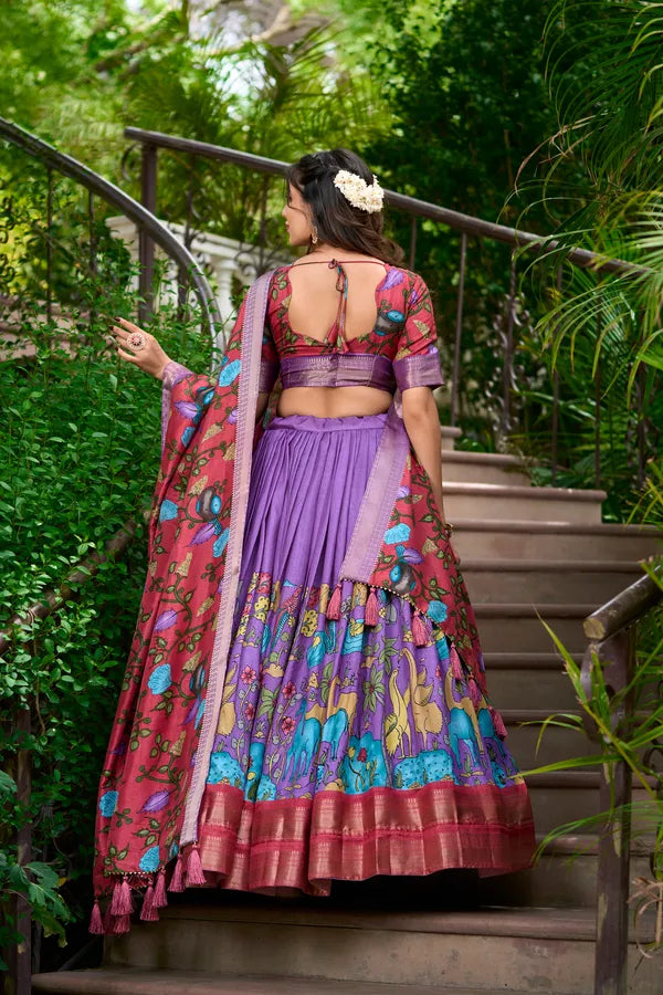 Lavender Color Dola Silk Designer Kalamkari Print Lehenga Choli