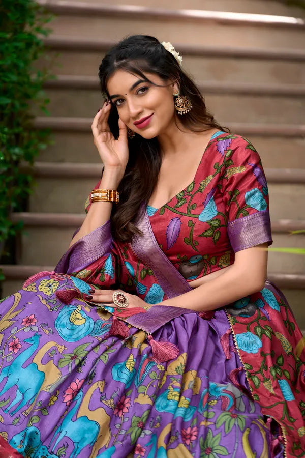 Lavender Color Dola Silk Designer Kalamkari Print Lehenga Choli