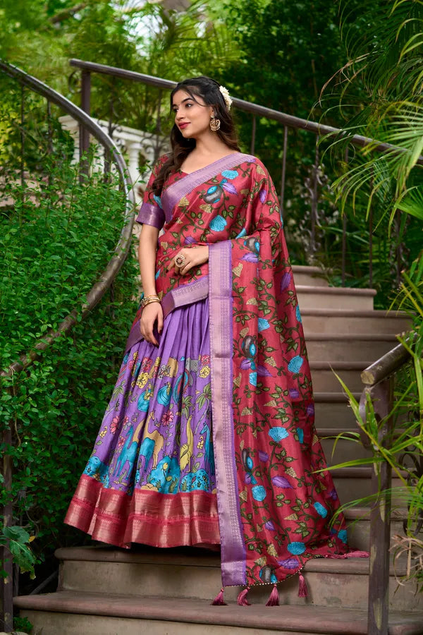 Lavender Color Dola Silk Designer Kalamkari Print Lehenga Choli