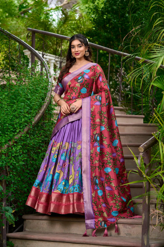 Lavender Color Dola Silk Designer Kalamkari Print Lehenga Choli