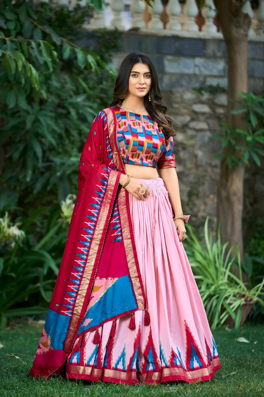 Peach Tussar Silk Printed Navratri Lehenga Choli