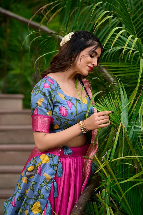 Pink Color Dola Silk Designer Kalamkari Print Lehenga Choli
