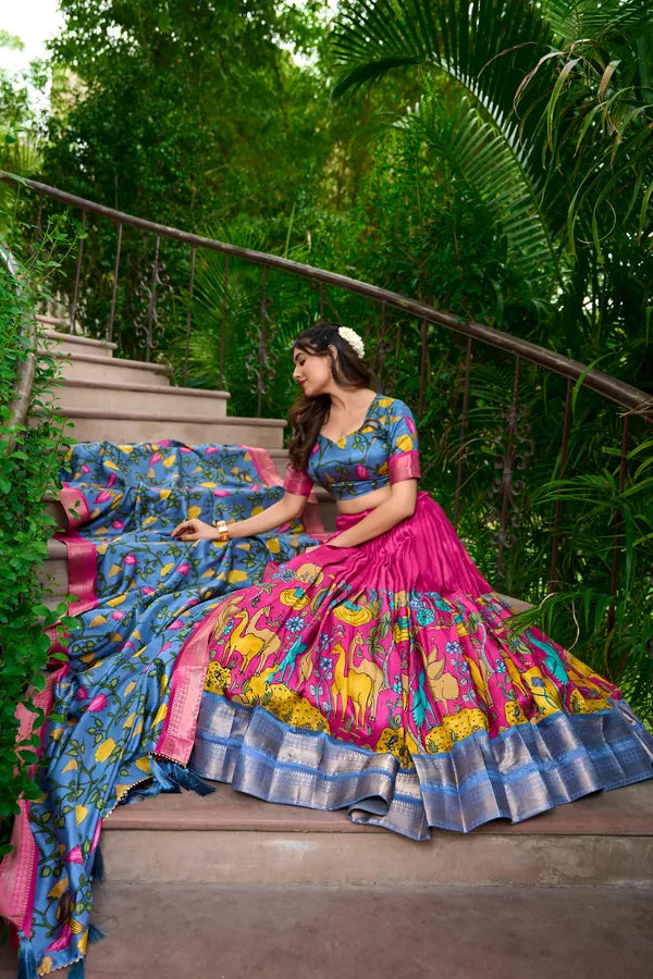 Pink Color Dola Silk Designer Kalamkari Print Lehenga Choli