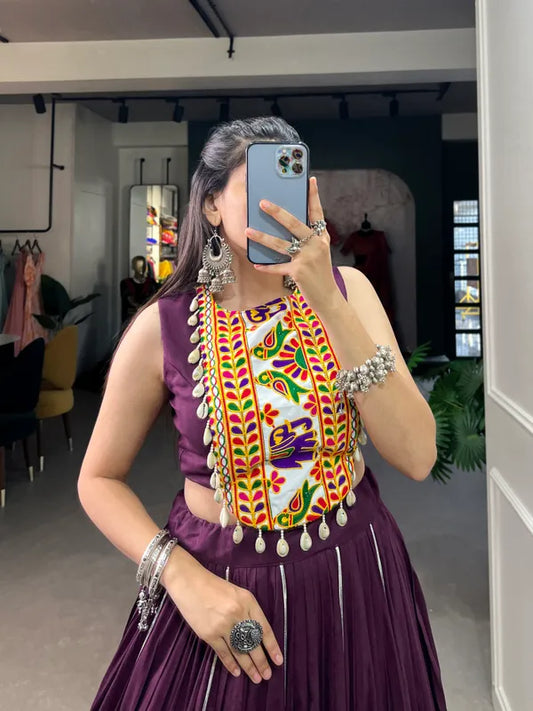 Wine Rayon Lehenga And Gamthi Work Blouse For Navratri