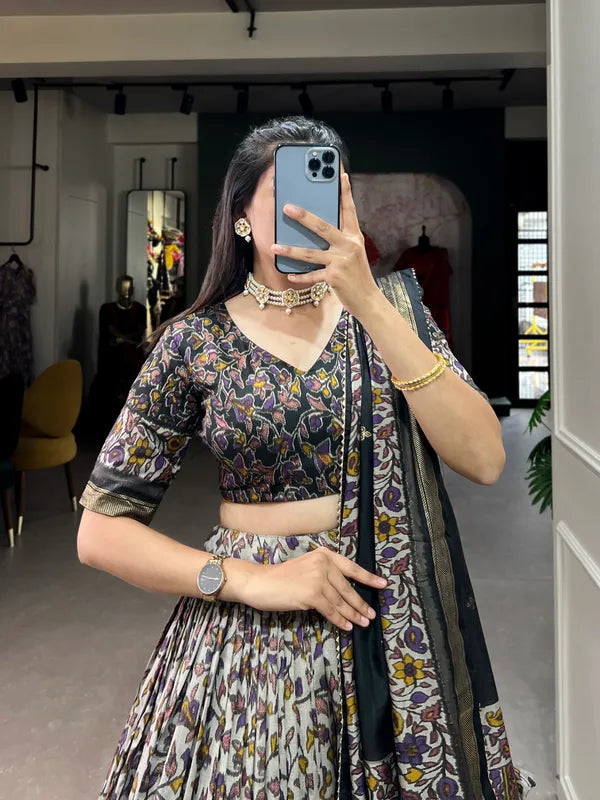 Black Color Tussar Silk Foil Print Lehenga Choli
