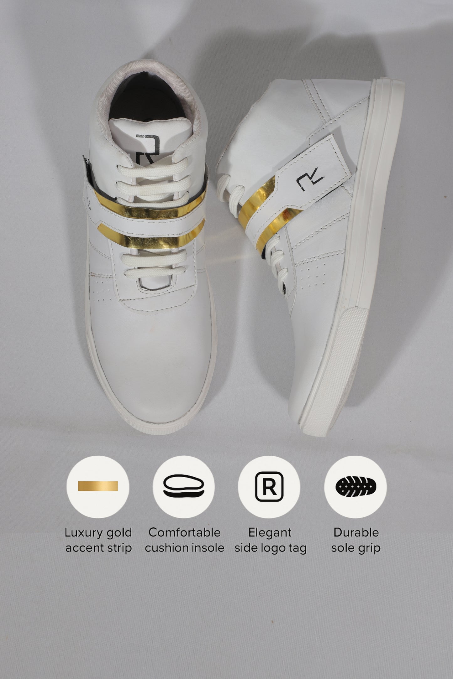 Rumani Era: White Unisex Shoes with Gold Accents