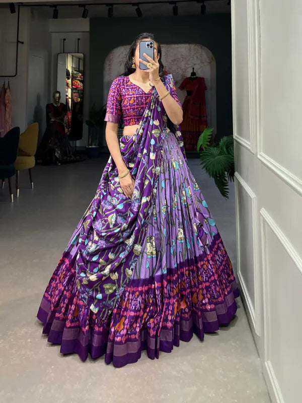 Lavender Tussar Silk Luvendar Fabulously Patola Printed Stitched Lehenga & Blouse With Dupatta