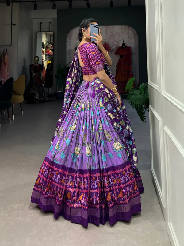 Lavender Tussar Silk Luvendar Fabulously Patola Printed Stitched Lehenga & Blouse With Dupatta
