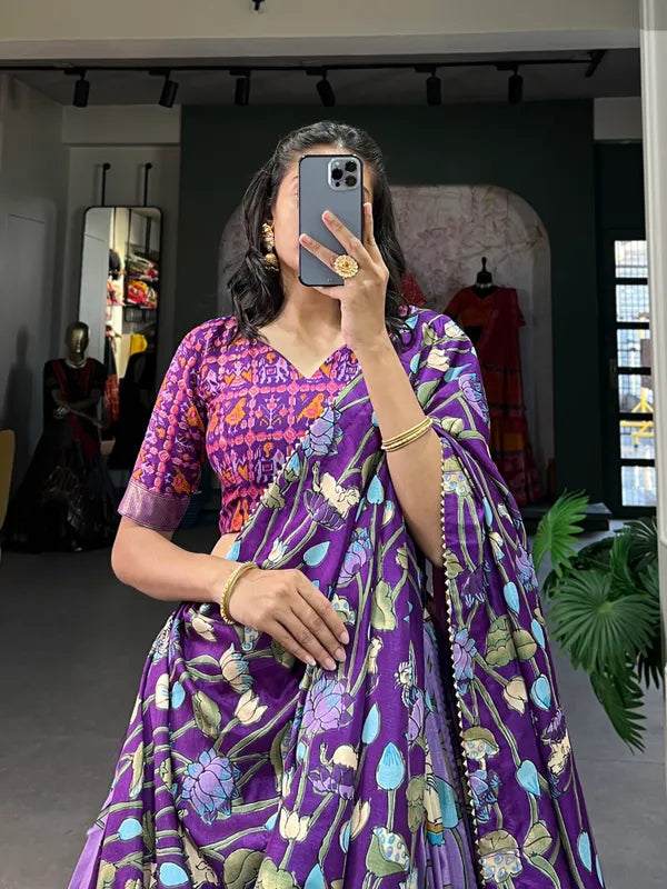 Lavender Tussar Silk Luvendar Fabulously Patola Printed Stitched Lehenga & Blouse With Dupatta