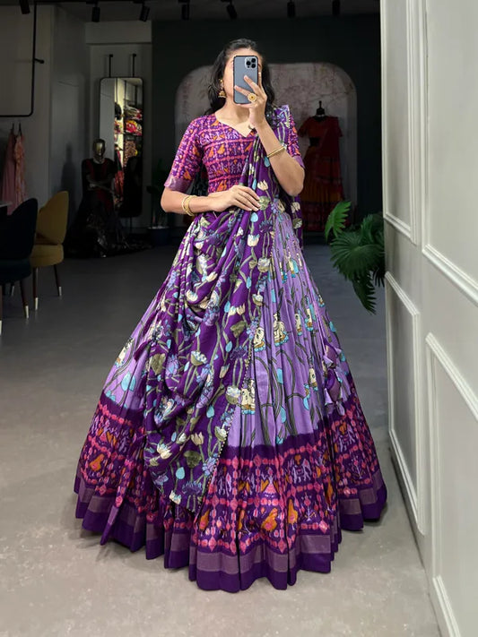 Lavender Tussar Silk Luvendar Fabulously Patola Printed Stitched Lehenga & Blouse With Dupatta