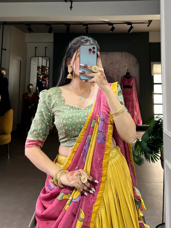 Yellow Color Tussar Silk Foil Print Lehenga Choli