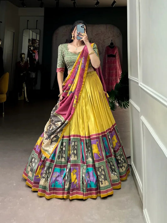 Yellow Color Tussar Silk Foil Print Lehenga Choli