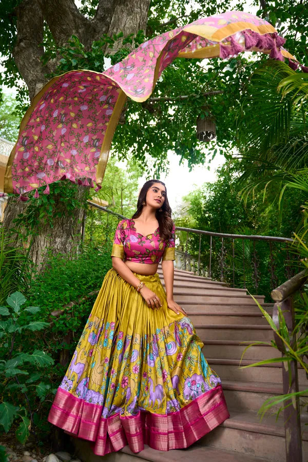 Mustard Color Dola Silk Designer Kalamkari Print Lehenga Choli