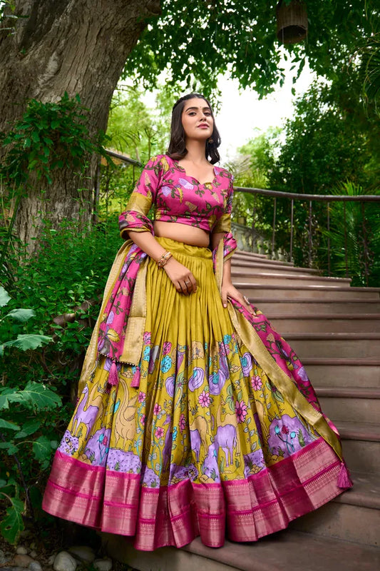 Mustard Color Dola Silk Designer Kalamkari Print Lehenga Choli