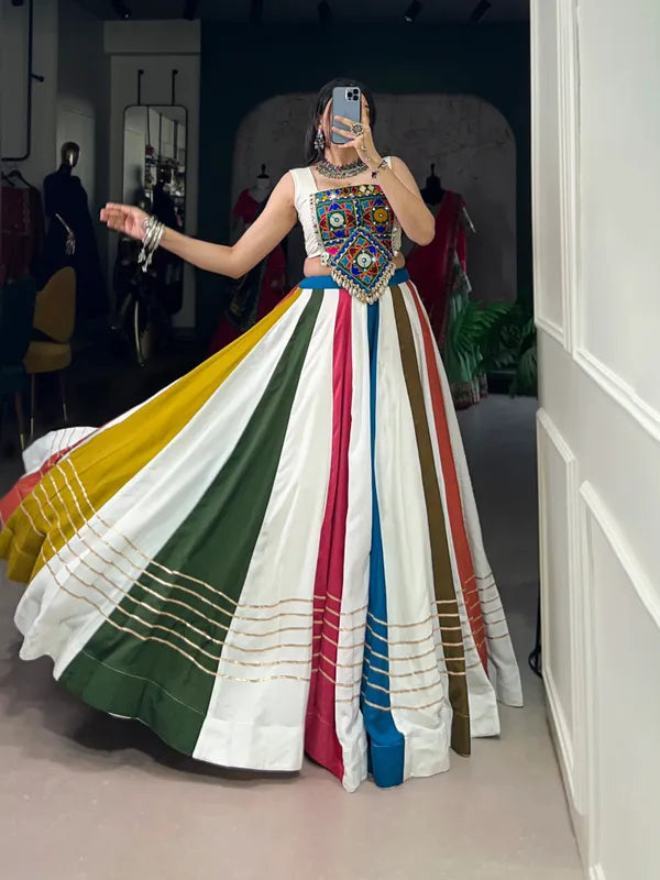 Multicolor Rayon Lehenga And Gamthi Work Blouse For Navratri Festive Fashion At Its Best