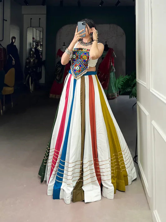 Multicolor Rayon Lehenga And Gamthi Work Blouse For Navratri Festive Fashion At Its Best