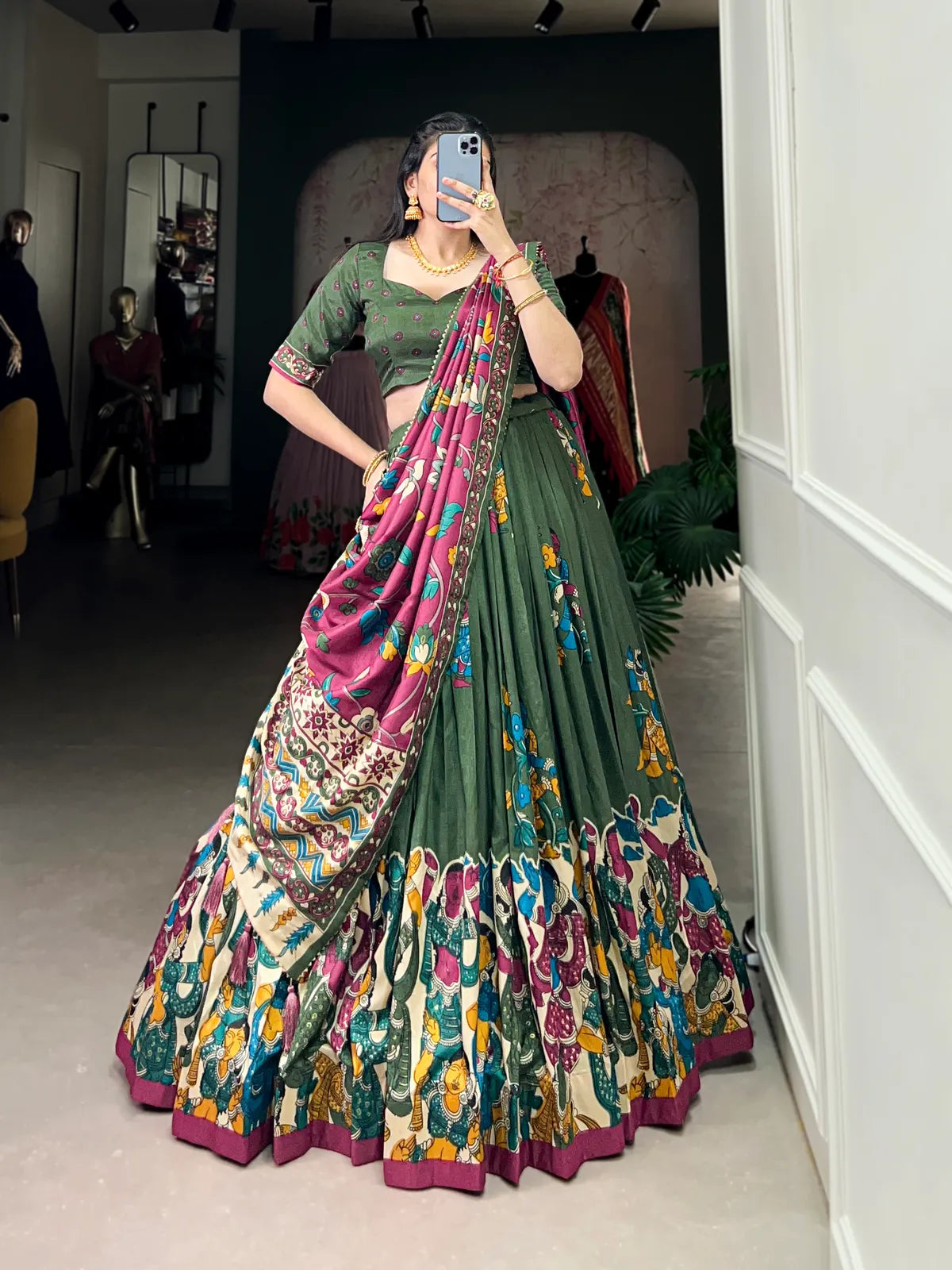Green Tussar Silk Patola Print Trendy Lehenga Choli In Green