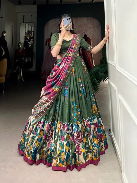 Green Tussar Silk Patola Print Trendy Lehenga Choli In Green