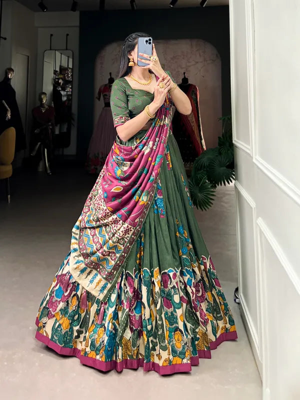 Green Tussar Silk Patola Print Trendy Lehenga Choli In Green