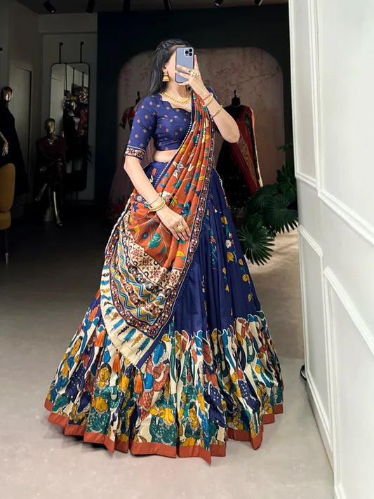 Navy Blue Tussar Silk Patola Print Trendy Lehenga Choli