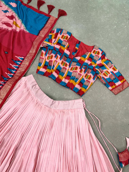 Peach Color Tussar Silk Printed Navratri Lehenga Choli