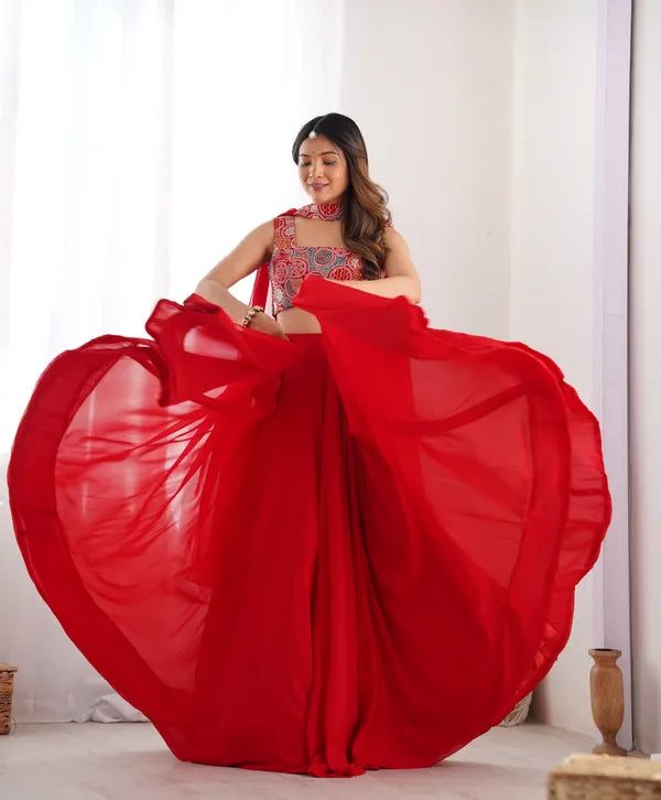 Red Pure Soft Fox Georgette Most Trendy Padding Fabric Fully Flair Lehenga,With Duppta Set