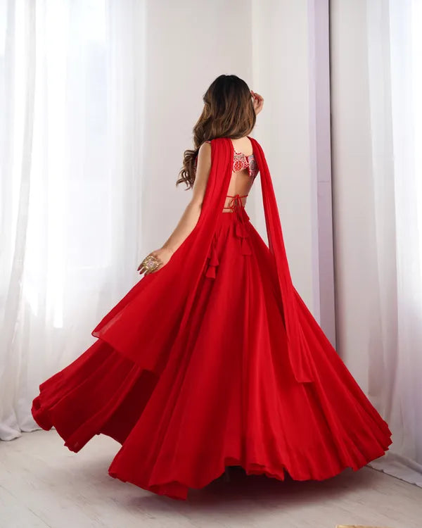 Red Pure Soft Fox Georgette Most Trendy Padding Fabric Fully Flair Lehenga,With Duppta Set