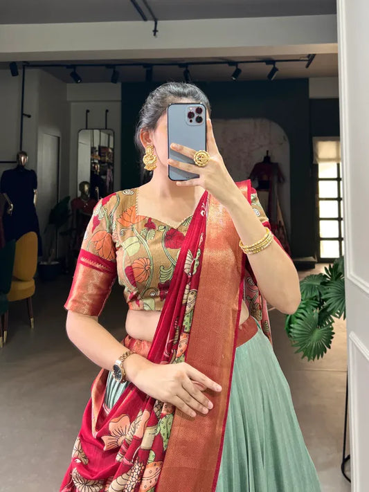 Pista Color Dola Silk Designer Kalamkari Print Lehenga Choli