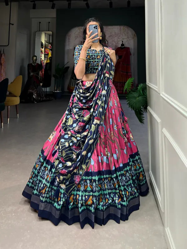 Pink Tussar Silk Pink Fabulously Patola Printed Stitched Lehenga & Blouse With Dupatta