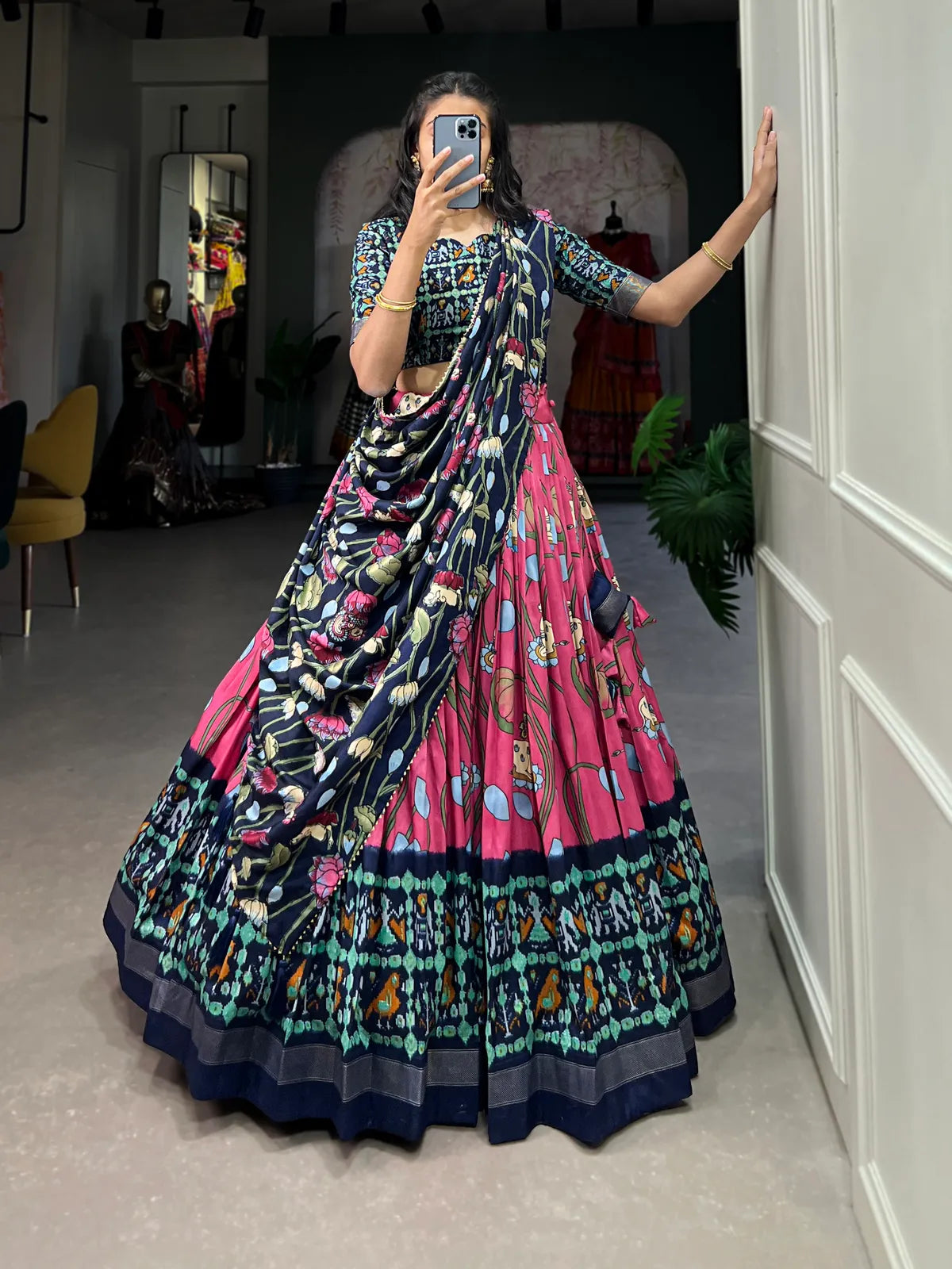 Pink Tussar Silk Pink Fabulously Patola Printed Stitched Lehenga & Blouse With Dupatta