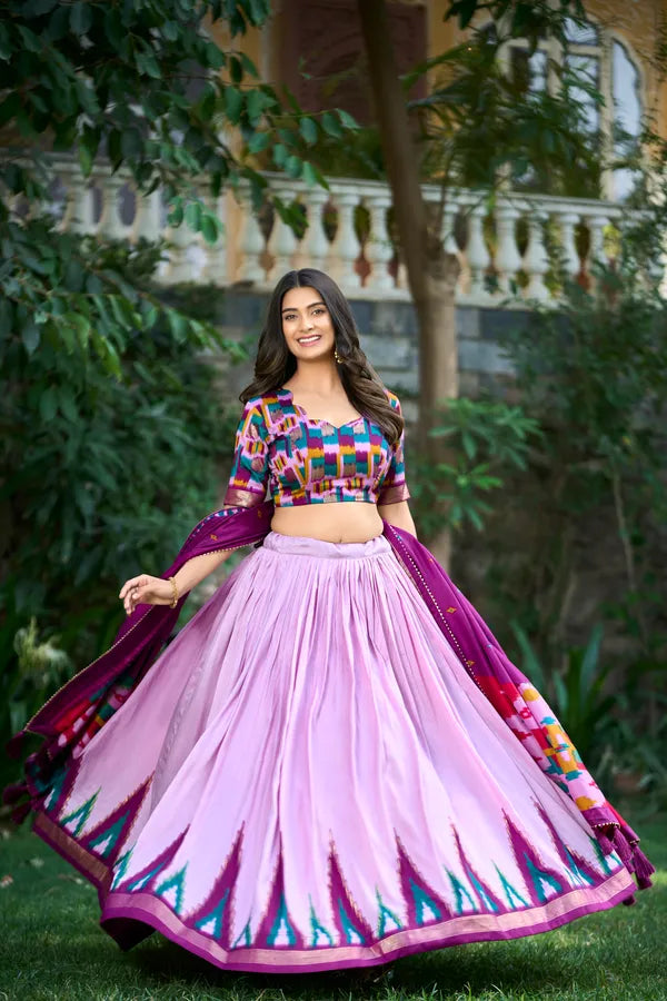 Purple Color Tussar Silk Printed Navratri Lehenga Choli