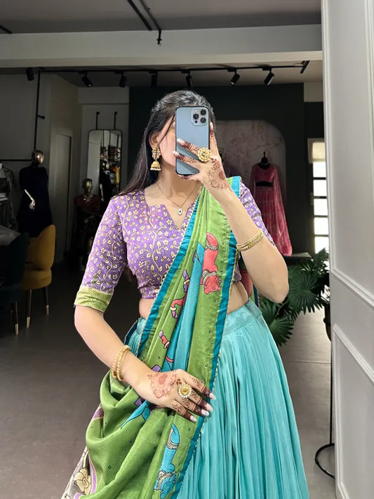 Sea Green Color Tussar Silk Foil Print Lehenga Choli