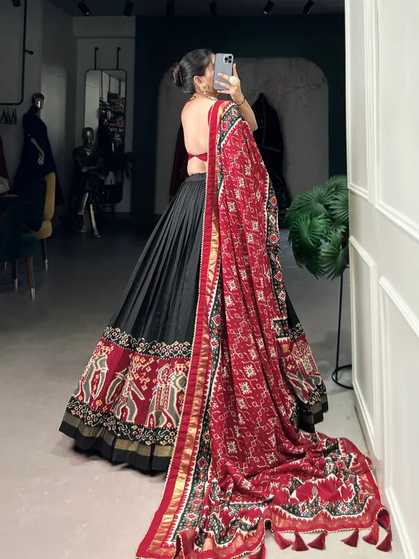 Black Tussar Silk Patola Print Trendy Lehenga Choli