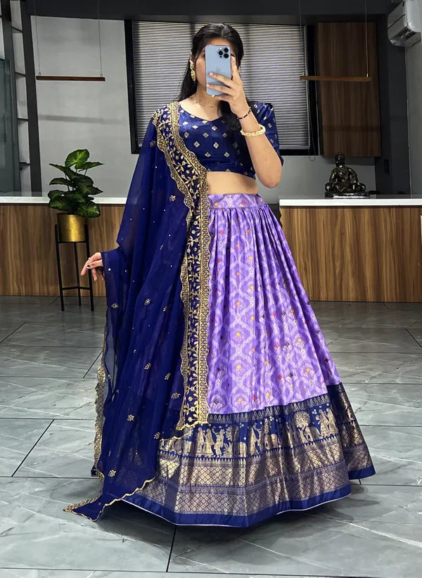 Lavender Color Dola Silk Printed Bandhani Lehenga Choli With Heavy Embroidery On Dupatta