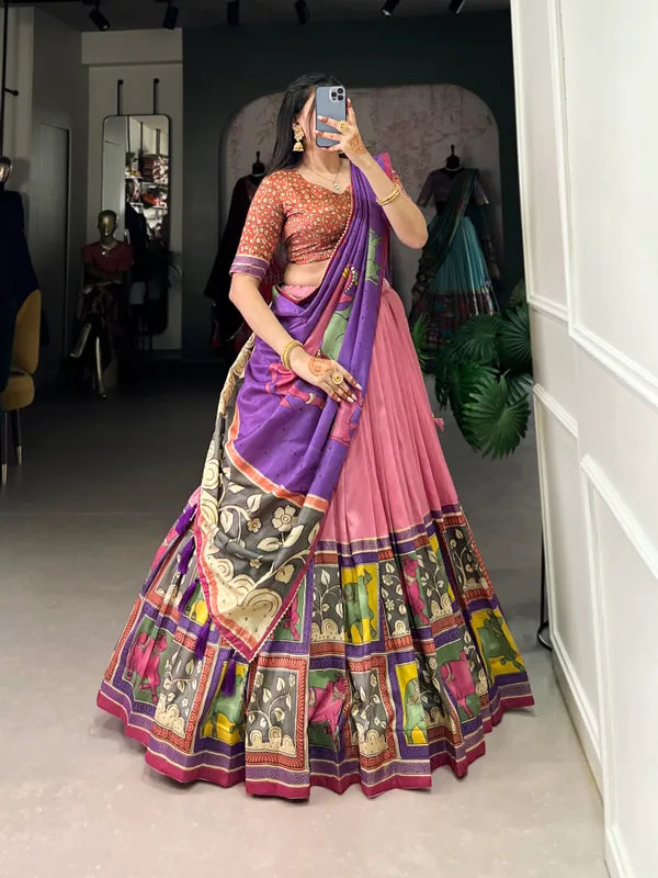 Peach Color Tussar Silk Foil Print Lehenga Choli