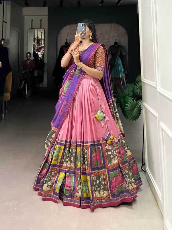 Peach Color Tussar Silk Foil Print Lehenga Choli