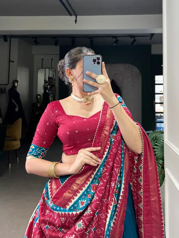 Firoji Tussar Silk Patola Print Trendy Lehenga Choli In Firoji