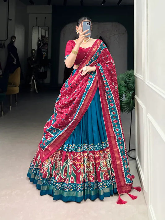 Firoji Tussar Silk Patola Print Trendy Lehenga Choli In Firoji