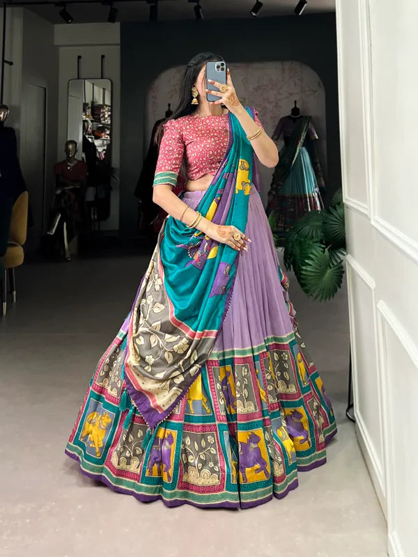 Lavender Color Tussar Silk Foil Print Lehenga Choli