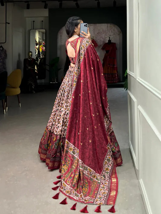 Maroon Color Tussar Silk Foil Print Lehenga Choli